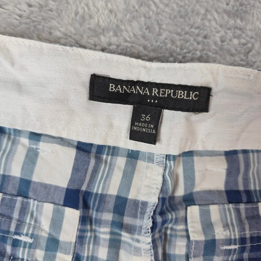 Banana‎ Republic Mens 36 Blue Plaid Cotton Shorts Flat Front Casual Summe